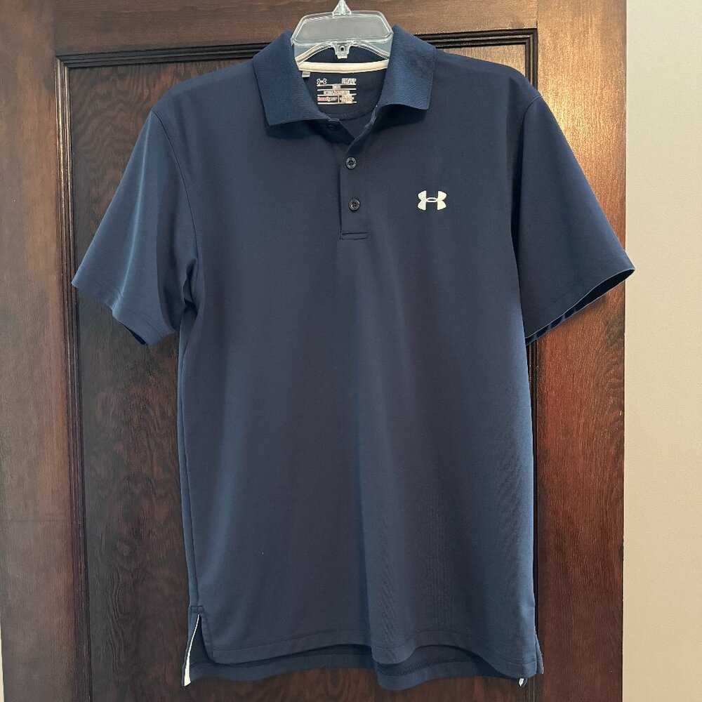 Navy Blue Under Armour Polo with White Emblem, Heat gear loose fit size Small